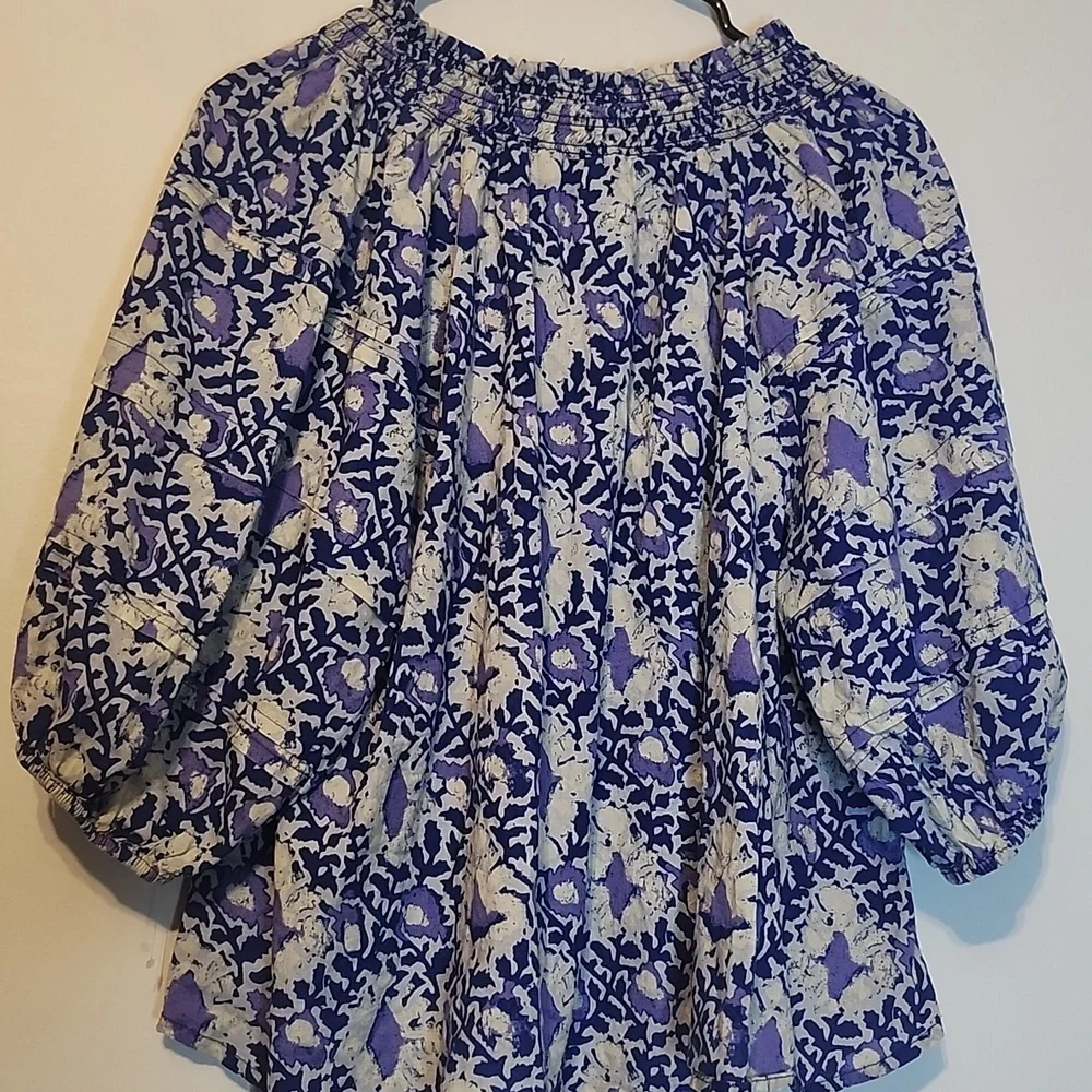 Free People Blue and Cream Floral Blouse
